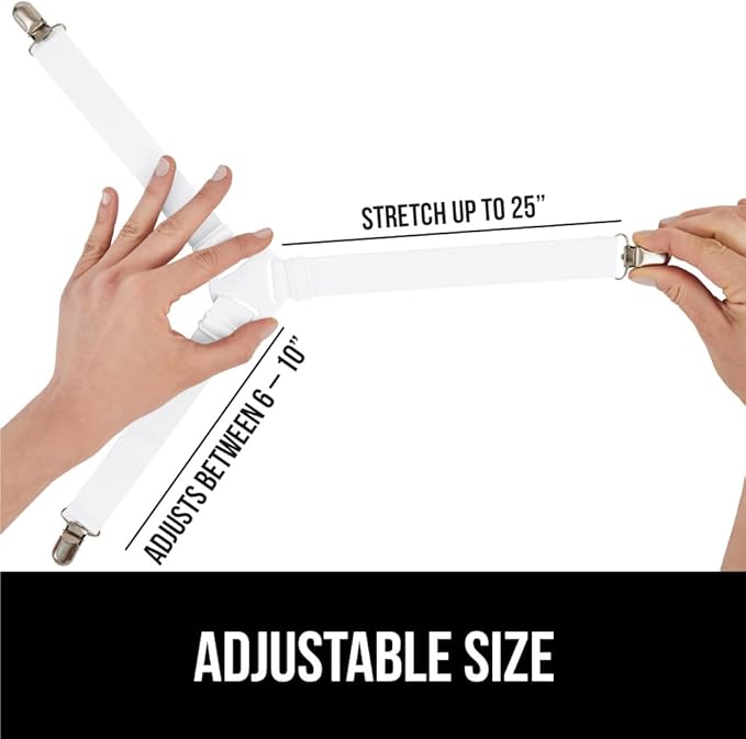 GORILLA GRIP Patent Pending Bed Sheet Holders, Adjustable Elastic Fasteners with Metal Clips, Keep in Place Fitted Bedding Straps, Firm Tight Suspenders for Mattress, US Designed, 8 Pack White