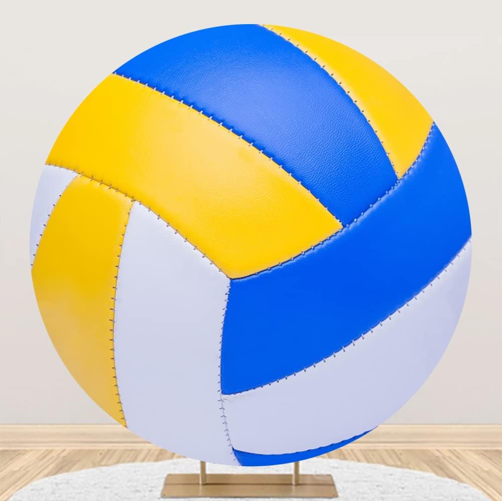 Leyiyi 5.5x5.5ft Abstract White Yellow Blue Colorful Volleyball Round Backdrop Cover Polyester Outdoor Sports Themed Photography Background Volleyball Party Photo Backdrop Birthday Party Deecorations