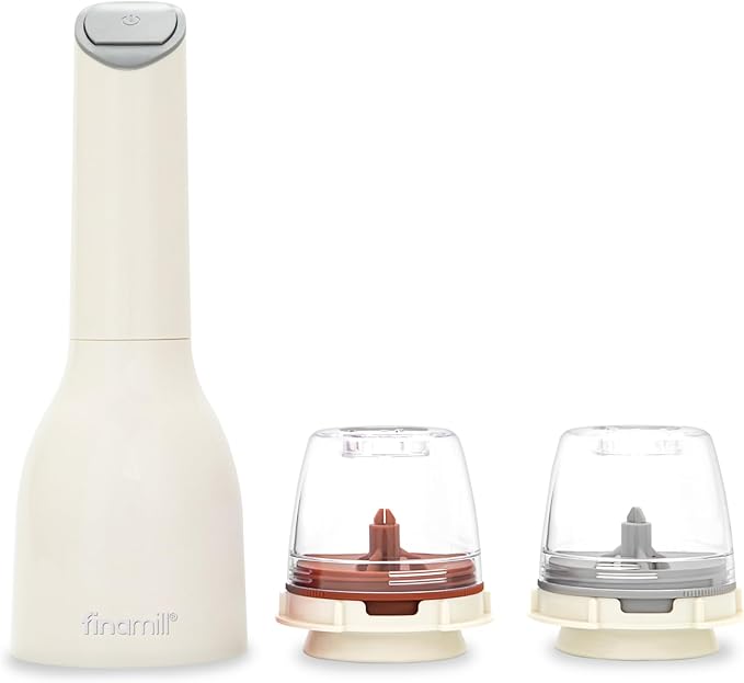 FinaMill Classic Battery Spice Mill – Battery Operated Salt and Pepper Grinder Set, Includes 2 Interchangeable Spice Pods, Adjustable Coarseness, Ceramic Grinder, LED Light, Kitchen Gifts for Women