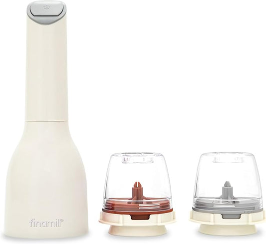 FinaMill Classic Battery Spice Mill – Battery Operated Salt and Pepper Grinder Set, Includes 2 Interchangeable Spice Pods, Adjustable Coarseness, Ceramic Grinder, LED Light, Kitchen Gifts for Women
