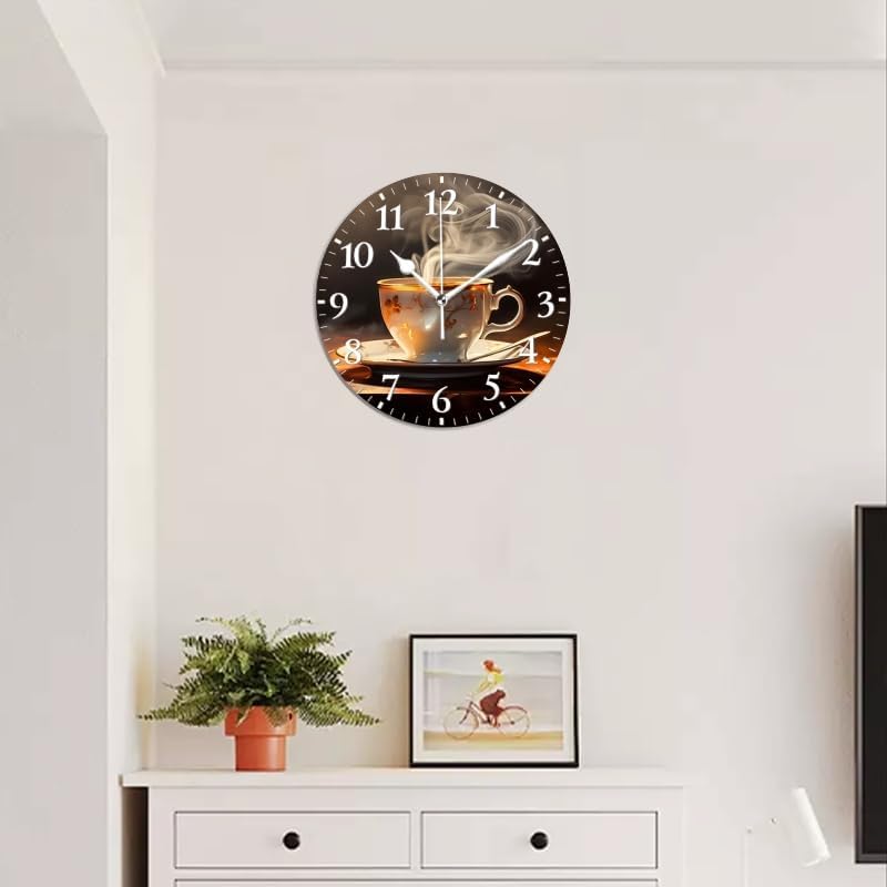 Coffee Wall Clock Non-Ticking Silent Clocks Battery Operated Analog Decor Clock for Home-Steaming Cup of Coffee On The Table(12inch)