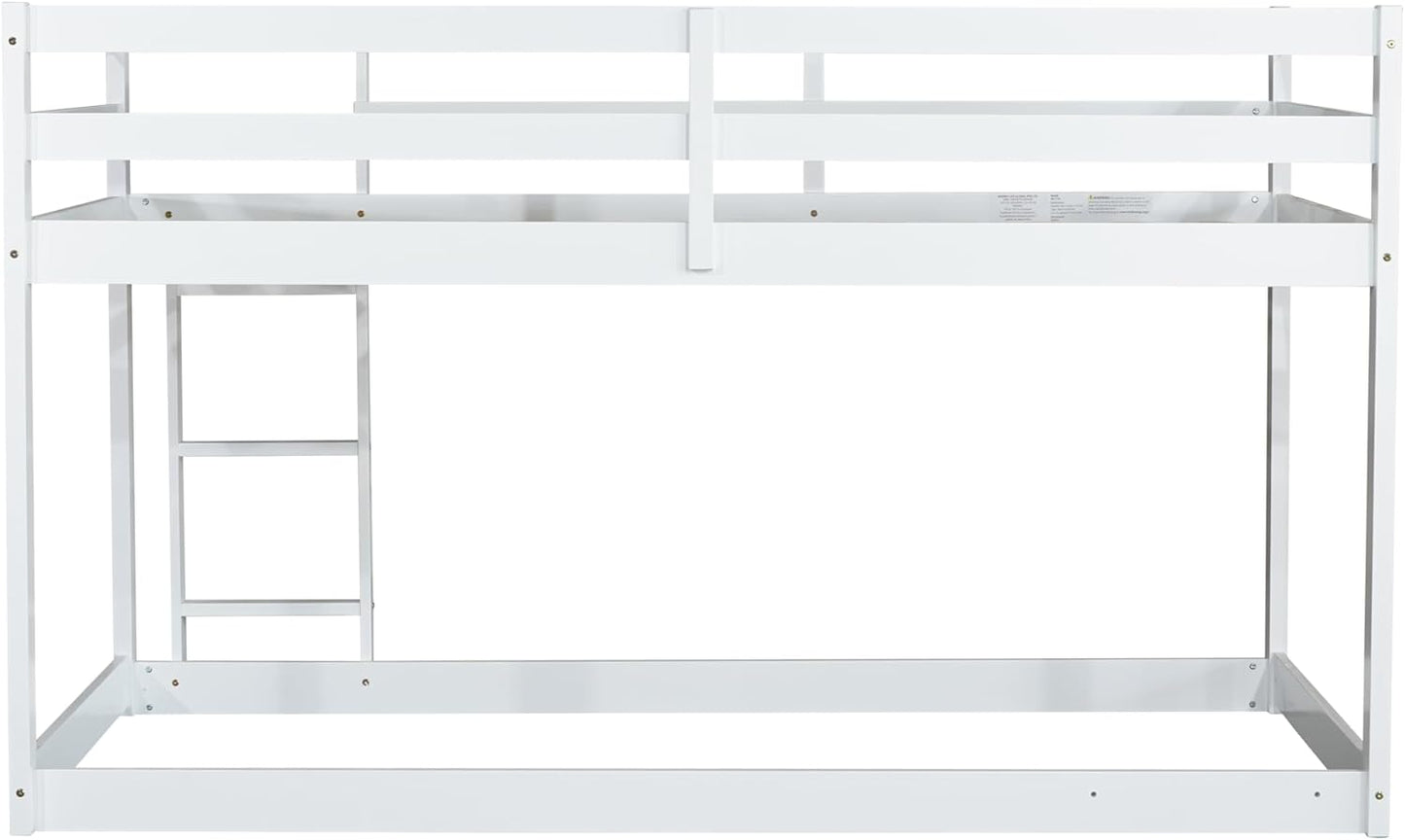HomSof Twin Over Twin Low Floor Loft Bed with Guard Rails for Dormitory Bedroom,Bottom Without Bed slats,White
