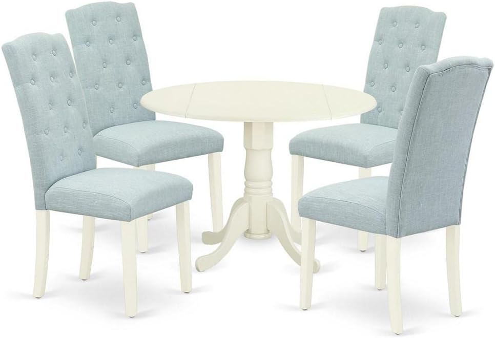 East West Furniture DLCE5-WHI-15 5 Piece Dining Set Includes a Round Dining Room Table with Dropleaf and 4 Baby Blue Linen Fabric Upholstered Chairs, 42x42 Inch, Linen White