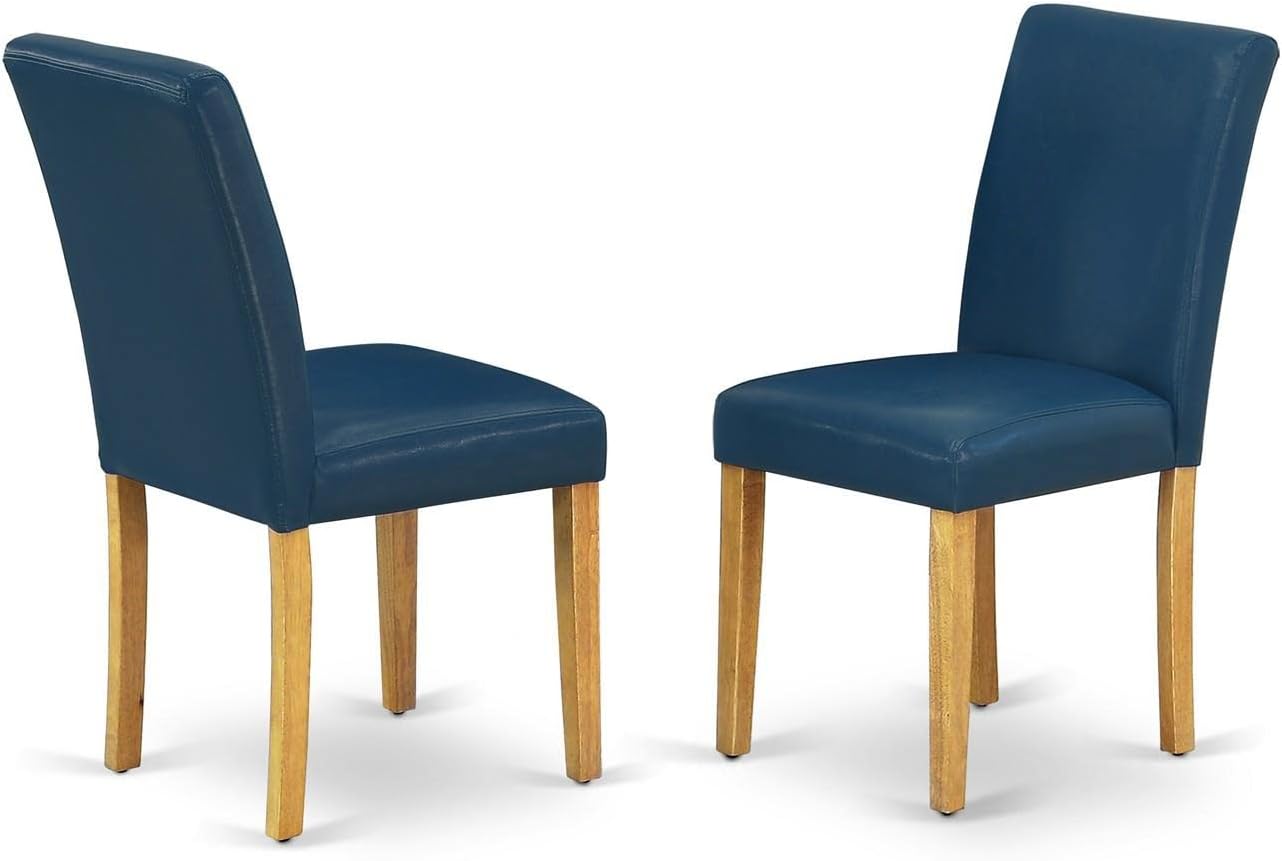 East West Furniture ANAB3-OAK-55 3 Piece Kitchen Table & Chairs Set Contains a Round Dining Room Table with Pedestal and 2 Oasis Blue Faux Leather Parsons Chairs, 36x36 Inch, Oak