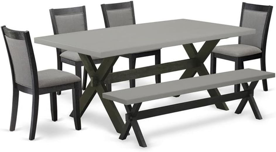 East West Furniture X697MZ650-6 6 Piece Dinette Set Contains a Rectangle Dining Table with X-Legs and 4 Dark Gotham Grey Linen Fabric Parson Chairs with a Bench, 40x72 Inch, Multi-Color