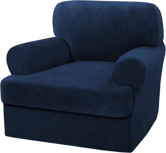 H.VERSAILTEX Sofa Cover 2 Piece T Cushion Armchair Slipcovers Thick Velvet Couch Cover Furniture Protector Stretch T Cushion Sofa Covers for 1 Cushion Couch with 1 Individual T Cushion Covers, Navy