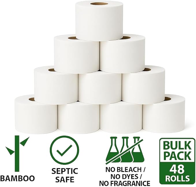 Bamboo Toilet Paper, 48 Rolls – 2-Ply, 1000 Sheets, Sustainable Tree-Free Bulk for Business, Commercial & Educational Environments