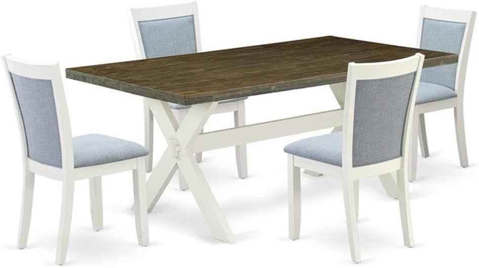 East West Furniture X077MZ015-5 5 Piece Dining Room Table Set Includes a Rectangle Kitchen Table with X-Legs and 4 Baby Blue Linen Fabric Parsons Dining Chairs, 40x72 Inch, Multi-Color