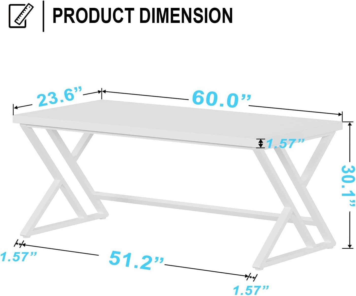 LVB Modern White Computer Desk, Long Industrial Home Office Desk for Student, Large Metal Wood Writing Study Work Desk, Farmhouse Executive Gaming Computer Table for Bedroom Living Room, White, 60 in