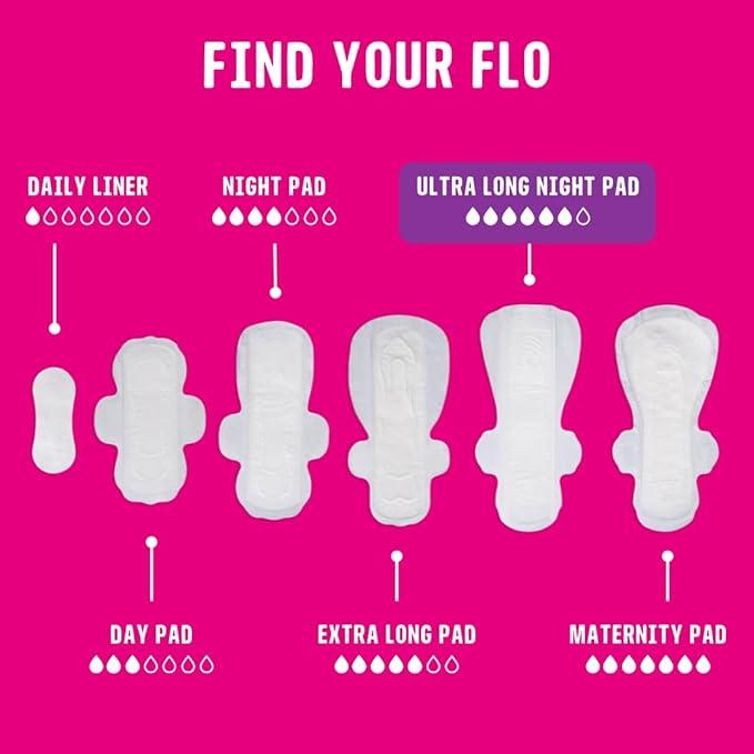 Flo - Ultra Long Night Menstrual Pads (10 Pack) - Ultra Heavy Flow - 3D Leak Barrier - Natural, Absorbent, Soft, & Breathable - Bamboo Period Pads for Women - Plant Based - Vegan & Cruelty Free