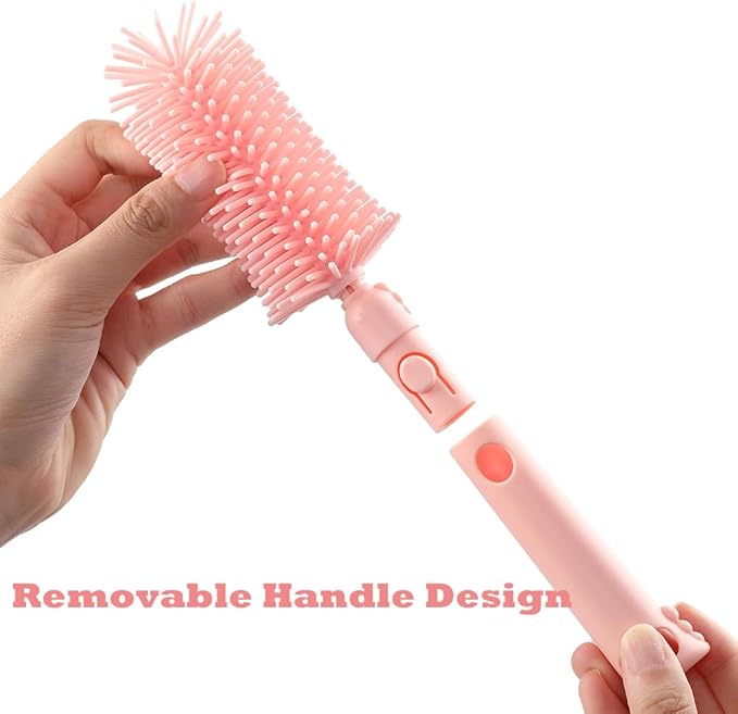 6 In1 Baby Bottle Brush Kit,Portable Silicone Bottle Brush Cleaner Set with Straw Brush,Nipple Brush,Drying Rack,Soap Dispenser,Storage Bag for Travel or Home,Stocking Stuffer(Pink)