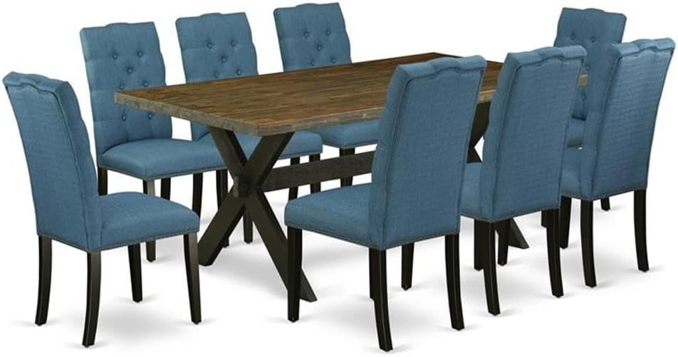 East West Furniture X677EL121-9 9 Piece Modern Dining Table Set Includes a Rectangle Wooden Table with X-Legs and 8 Blue Linen Fabric Parson Dining Room Chairs, 40x72 Inch, Multi-Color