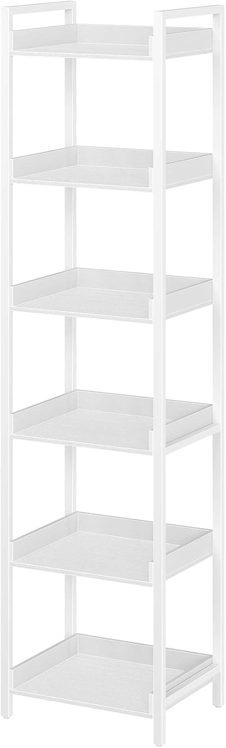 Rolanstar Bookshelf, 6-Tier Storage Rack, Narrow Corner Bookshelf, Display Wooden Shelves for Living Room, Bathroom, Balcony, Kitchen,White