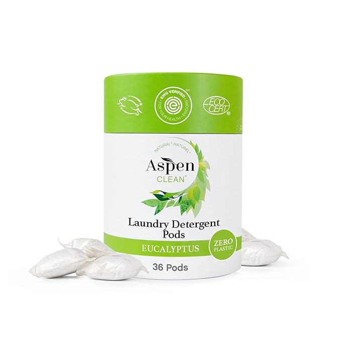 Eucalyptus Laundry Pods by AspenClean, New and Improved Packaging, Zero Plastic, EWG Verified™, Vegan, Non-Bio, Hypoallergenic Natural Laundry Detergent - 36 Count
