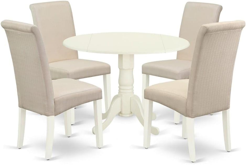 East West Furniture DLBA5-WHI-01 5 Piece Dining Table Set for 4 Includes a Round Kitchen Table with Dropleaf and 4 Cream Linen Fabric Parson Dining Chairs, 42x42 Inch, Linen White