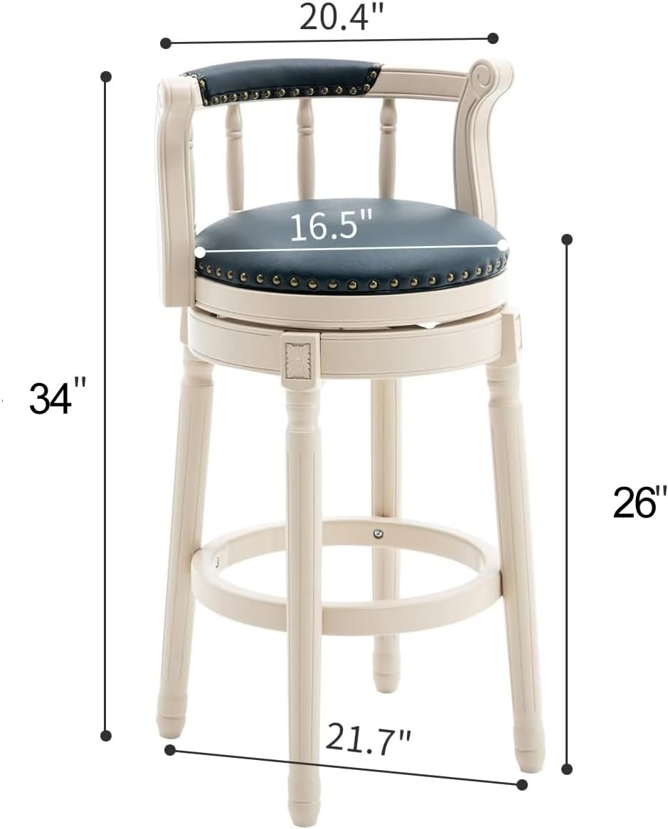 Cow top Leather Wooden Bar Stools, 360 Degree Swivel Bar Height Chair with Backs for Home Kitchen Counter, Morden Chair Barstools (Ivory Wood 1pc-Blue Seat, Counter Height-Seat Height 26”)