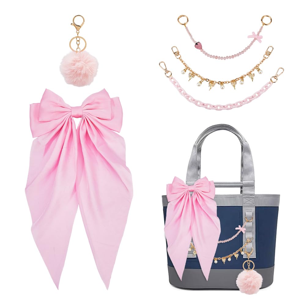 TNKBREEZE Tote Bag Decoration Kit Bag Charms for Tote Bags Pearl Purse Chain with Pink Bowknot Embellishments and Pom Pom Keychain for Women Compatible with YETI Beach Handbag