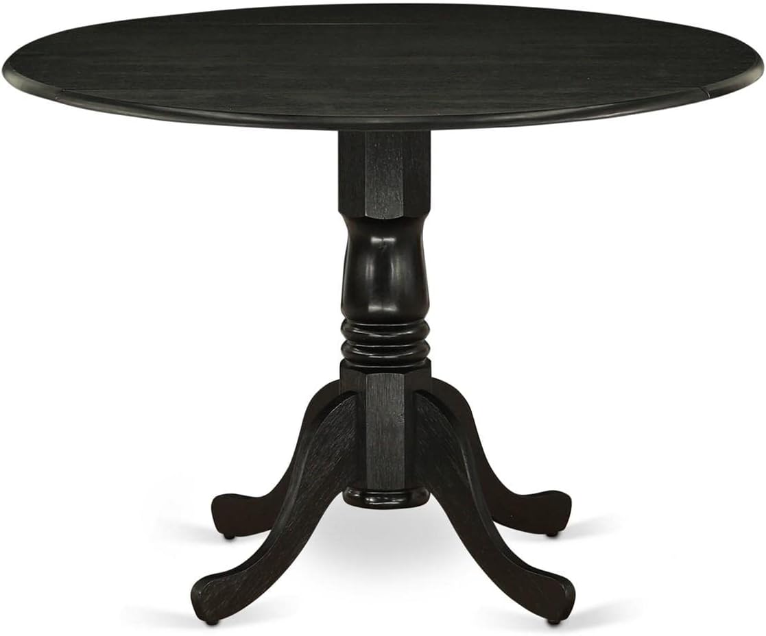East West Furniture DLFL5-ABK-21 5 Piece Dining Room Table Set Includes a Round Dining Table with Dropleaf and 4 Blue Linen Fabric Upholstered Parson Chairs, 42x42 Inch, Wirebrushed Black