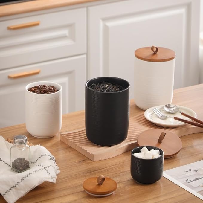 Food Storage Jar Strong Ceramic Storage Canisters with Airtight Wooden Lid,Kitchen Storage Containers for Serving Coffee Beans, Tea, Sugar, Salt, Spices (Medium black 27oz)