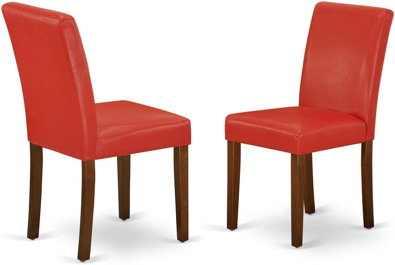 East West Furniture DLAB3-MAH-72 3 Piece Kitchen Table Set Contains a Round Dining Table with Dropleaf and 2 Firebrick Red Faux Leather Upholstered Chairs, 42x42 Inch, Mahogany
