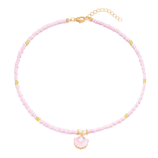 Seashell Pearl Pendant Necklace Gold Plated Boho Enamel Pink Blue Scallop Sea Shell Starfish Ocean Animal Chain Necklace for Women Hawaiian Summer Beach Holiday Fashion Jewelry Gifts (Pink beaded necklace)