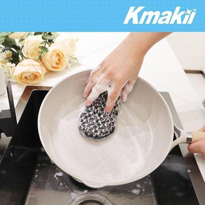 KMAKII Bamboo Fiber Scrub Sponges, Non-Scratch & Durable,6.3 × 3.1 inches, Black, 4-Pack