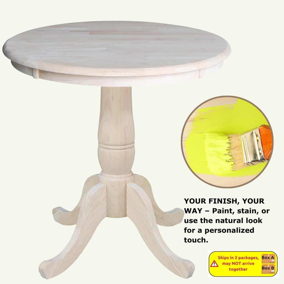 International Concepts 30" Round Top Pedestal Dining Table Solid Real Wood, Sturdy Parawood, Dimensions 30" D x 30" W x 28.8" H, Paint/Stain Ready, Unfinished
