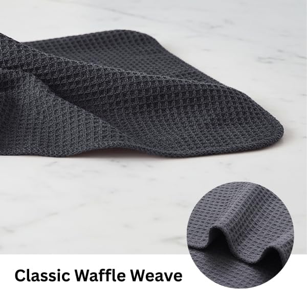 PurpleEssences Dish Cloths and Dish Rags - 6 Pack Waffle Weave Solid Kitchen Dish Wash Cloths, 100% Cotton, 12 x 12 Inches, Ultra Soft Absorbent Quick Drying - Christmas Holiday Winter - Dark Grey