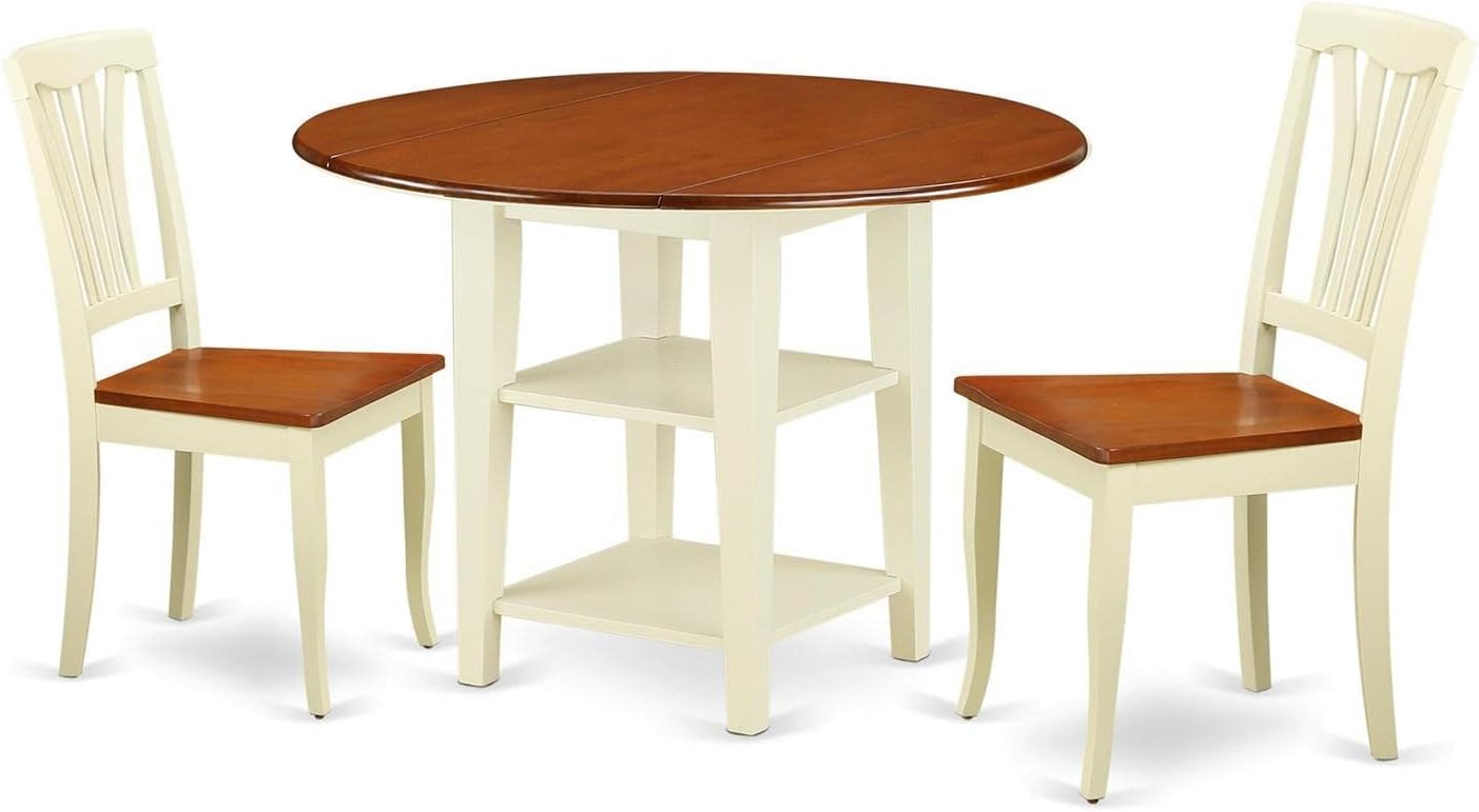 East West Furniture SUAV3-BMK-W 3 Piece Kitchen Table Set for Small Spaces Contains a Round Dining Table with Dropleaf & Shelves and 2 Dining Room Chairs, 42x42 Inch, Buttermilk & Cherry