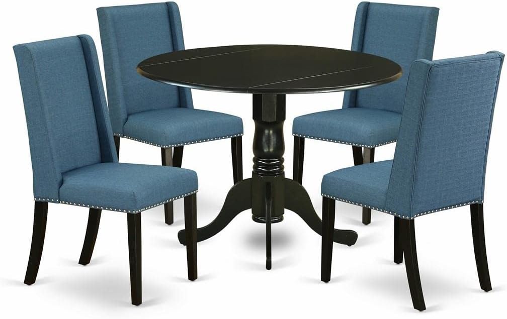 East West Furniture DLFL5-BLK-21 5 Piece Kitchen Table Set for 4 Includes a Round Dining Table with Dropleaf and 4 Blue Linen Fabric Parson Dining Room Chairs, 42x42 Inch, Black