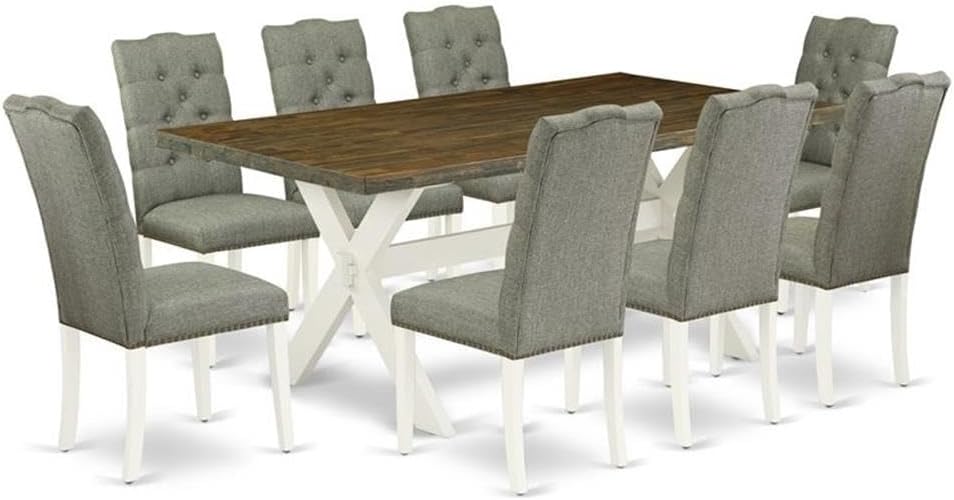 East West Furniture X077EL207-9 9 Piece Kitchen Table Set Includes a Rectangle Dining Table with X-Legs and 8 Gray Linen Fabric Parson Dining Room Chairs, 40x72 Inch, Multi-Color