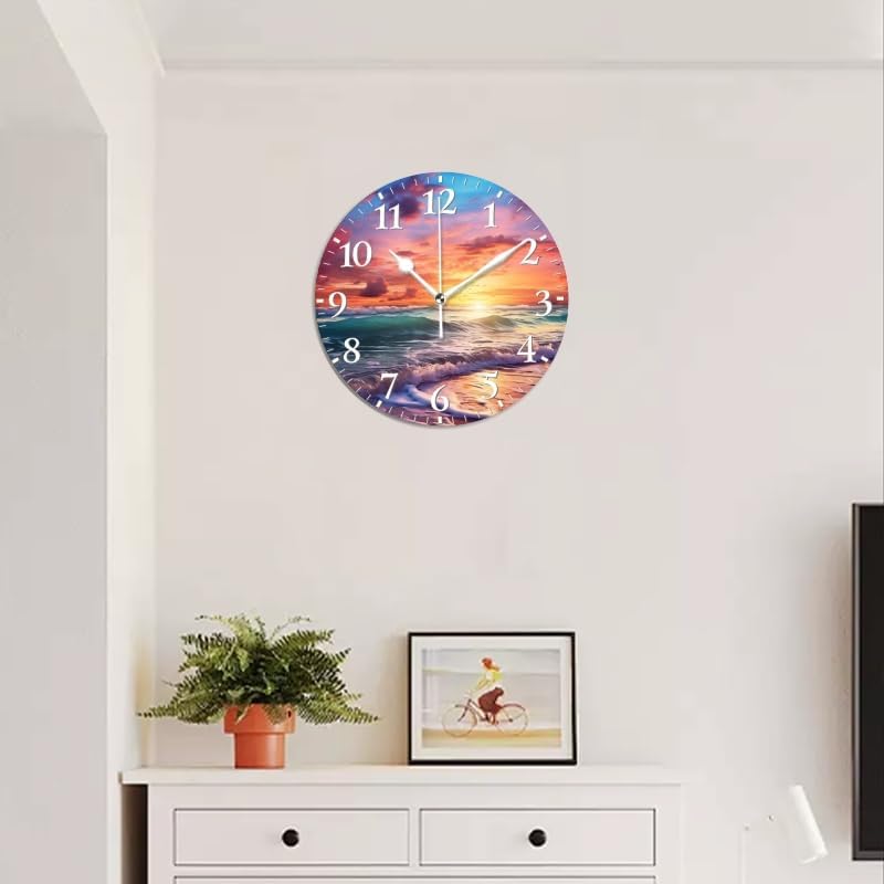 Beach Wall Clock Non-Ticking Silent Clocks Battery Operated Analog Decor Clock for Home-Beautiful Beach Sunset with Colorful Clouds and Waves(10inch)