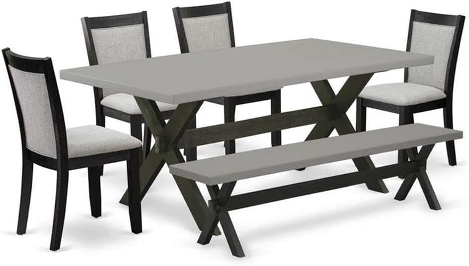 East West Furniture X697MZ606-6 6 Piece Dinette Set Contains a Rectangle Dining Table with X-Legs and 4 Shitake Linen Fabric Parson Chairs with a Bench, 40x72 Inch, Multi-Color