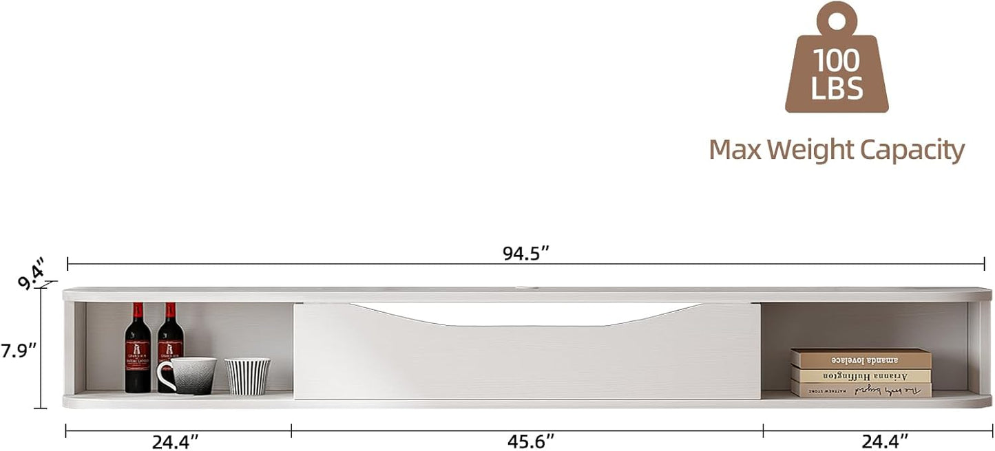 Floating TV Stand,94'' Wall Mounted TV Cabinet,Floating TV Console,Under TV Shelf with 1 Door and 2 Cabinets for TVs up to 90''(White)