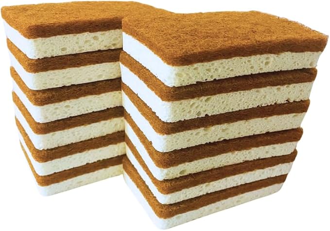 12 PCS Kitchen Sponges for Cleaning, Scrub Sponges for Dishes with Non-Scratch Scourer Pad, Natural Wood Cellulose & Coconut Fiber, for Nonstick Pans, Pots, Cups (2-in-1 Design)