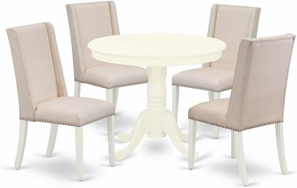 East West Furniture ANFL5-LWH-01 5 Piece Kitchen Table & Chairs Set Includes a Round Dining Room Table with Pedestal and 4 Cream Linen Fabric Parson Dining Chairs, 36x36 Inch, Linen White