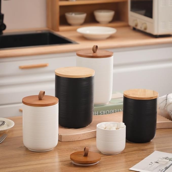 Food Storage Jar Strong Ceramic Storage Canisters with Airtight Wooden Lid,Kitchen Storage Containers for Serving Coffee Beans, Tea, Sugar, Salt, Spices (Medium black 27oz)