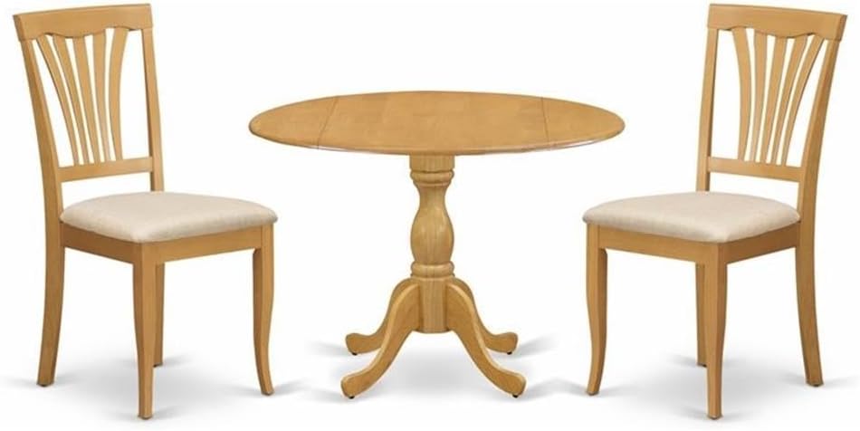 East West Furniture DMAV3-OAK-C 3 Piece Dining Room Table Set Contains a Round Dining Table with Dropleaf and 2 Linen Fabric Upholstered Chairs, 42x42 Inch, Oak
