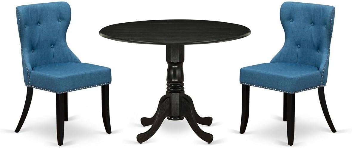 East West Furniture DLSI3-ABK-21 3 Piece Modern Dining Table Set Contains a Round Wooden Table with Dropleaf and 2 Blue Linen Fabric Upholstered Parson Chairs, 42x42 Inch, Wirebrushed Black