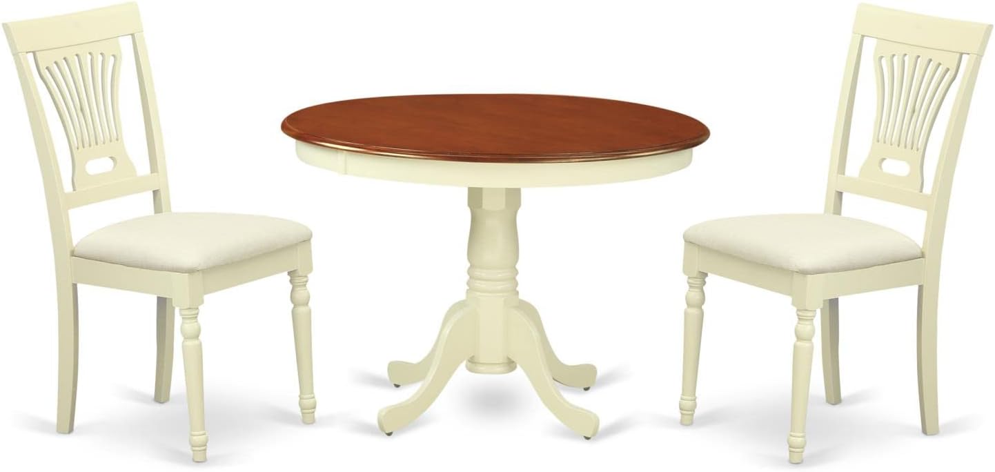 East West Furniture HLPL3-BMK-C 3 Piece Dining Room Furniture Set Contains a Round Kitchen Table with Pedestal and 2 Linen Fabric Upholstered Dining Chairs, 42x42 Inch, Buttermilk & Cherry