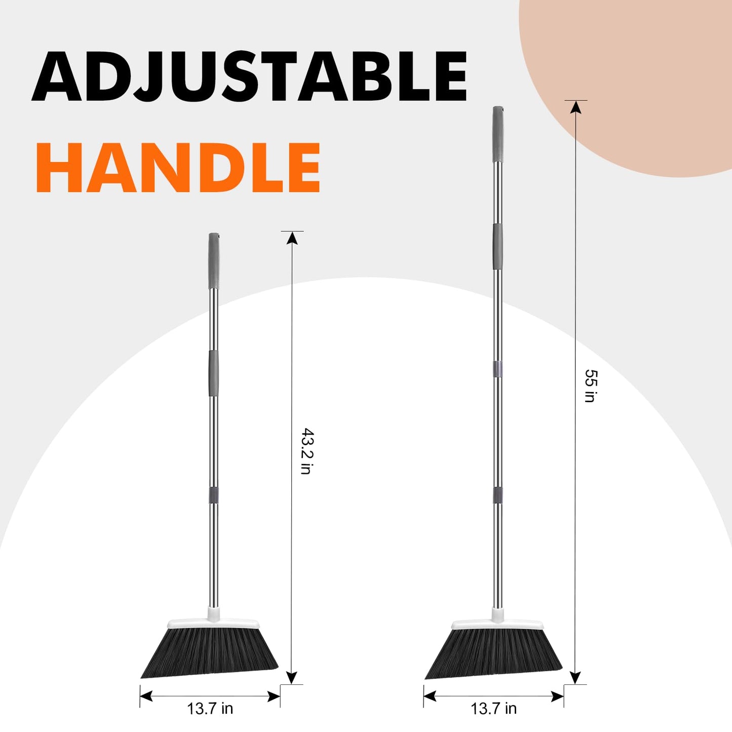 Heavy Duty Broom, 55 Inch Long Handle Outdoor Large Angle Brooms, Commercial Broom for Sweeping Indoor, for Home Garage Kitchen Office Courtyard Lobby Patio Lawn Concrete(Grey&White)
