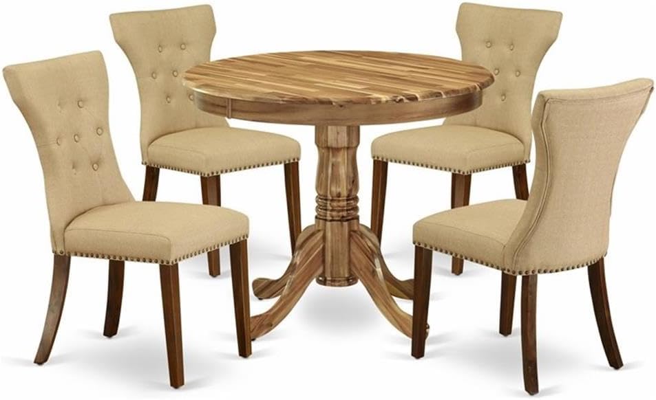 East West Furniture ANGA5-ANA-03 5 Piece Dining Table Set for 4 Includes a Round Kitchen Table with Pedestal and 4 Brown Linen Fabric Upholstered Parson Chairs, 36x36 Inch, Natural