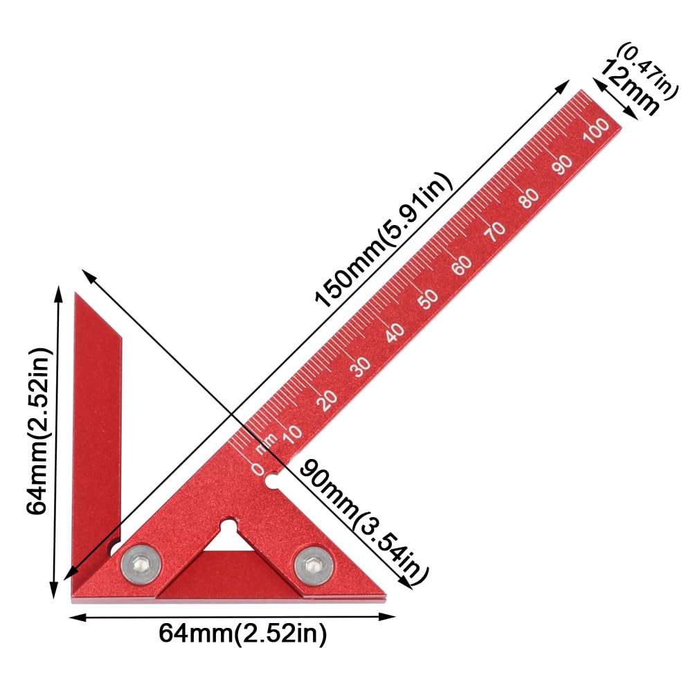 Aluminum Alloy Center Positioning Ruler, 45/90 Degree & Right Angle & Centerline Positioning, Red High-Precision Metric Measuring Multi-Function Arrow Ruler,043R