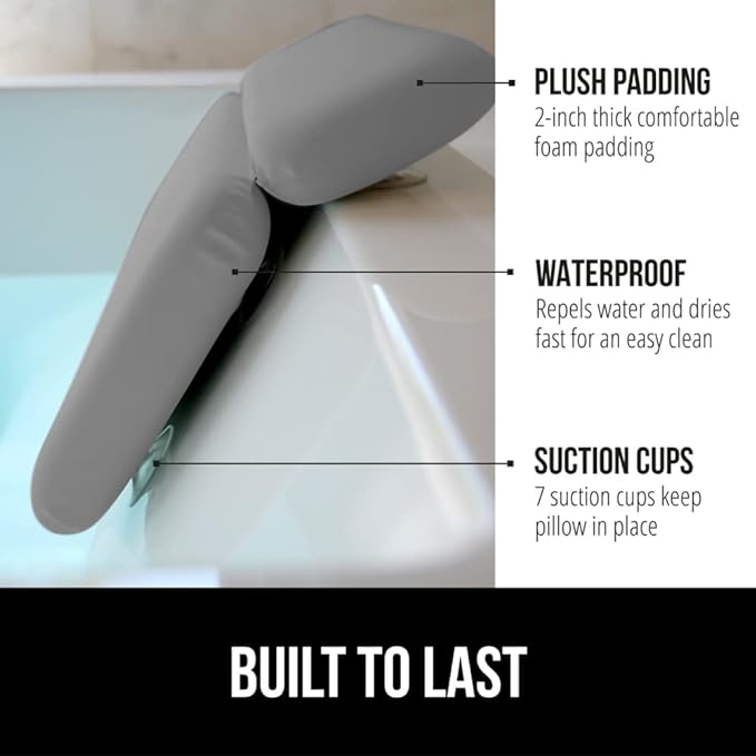 GORILLA GRIP Bath Pillow for Tub, Improved Suction Cups, Luxury Bathtub Pillows, Headrest for Neck and Back Support, Relaxing Home Spa, Hot Tubs and Bathroom Essentials, Gifts for Women, 2 Panel Gray