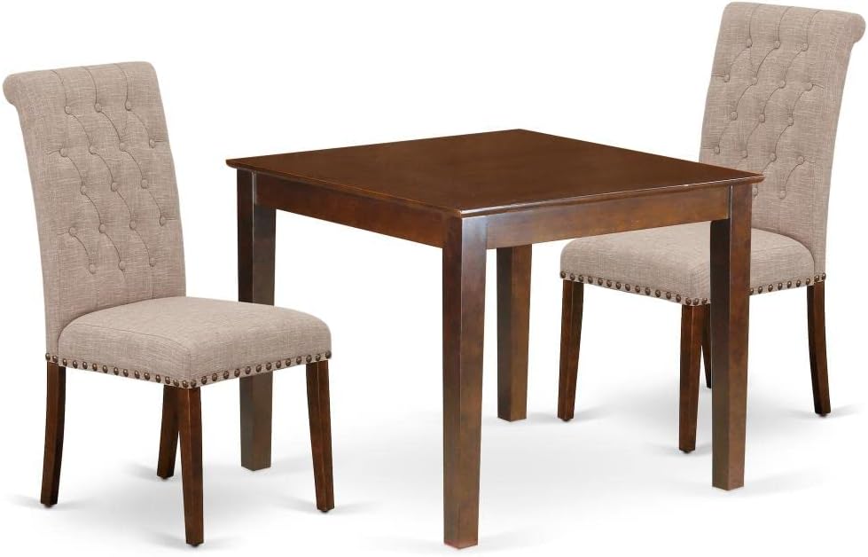 East West Furniture OXBR3-MAH-04 3 Piece Dining Room Furniture Set Contains a Square Dining Table and 2 Light Tan Linen Fabric Upholstered Chairs, 36x36 Inch, Mahogany