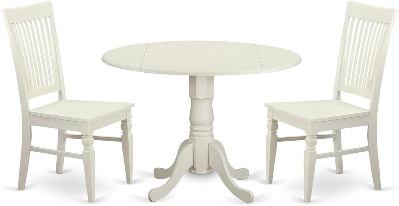 East West Furniture DLWE3-WHI-W 3 Piece Dinette Set for Small Spaces Contains a Round Dining Table with Dropleaf and 2 Dining Room Chairs, 42x42 Inch, Linen White