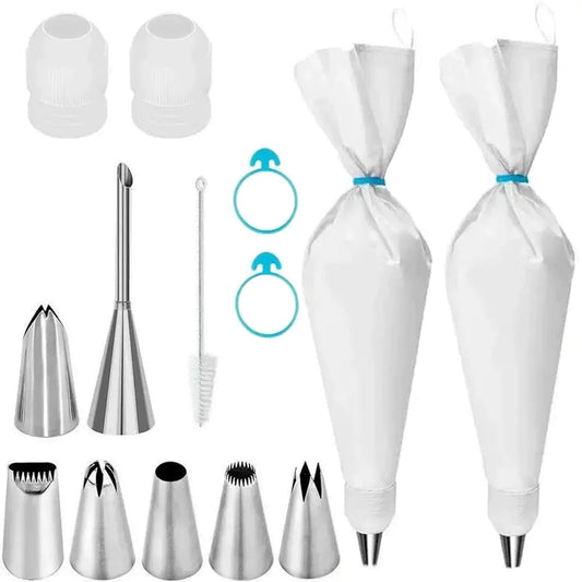 Piping Bags and Tips Set, 14Pcs Cake Decorating Kit with 16 inch Reusable Cotton Pastry Bags, Medium Icing Tips, 2 Couplers, 2 Icing Bags Ties, and Clean Brush