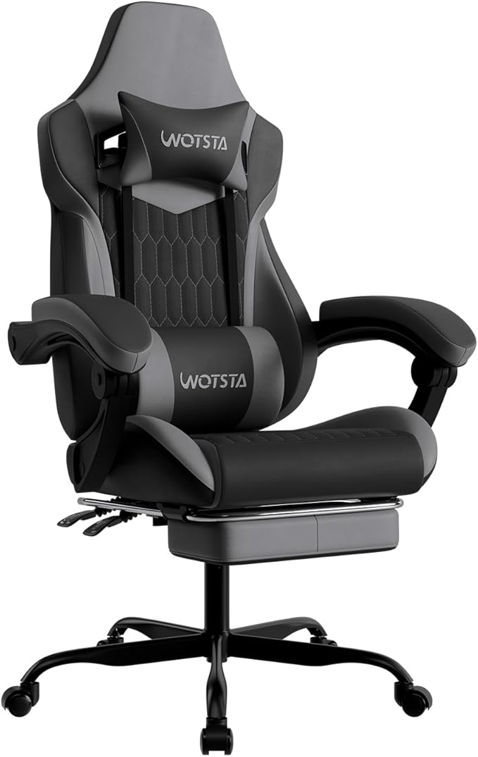 Gaming Chair with Footrest, High Back Gaming Chairs PVC Leather Ergonomic Gamer Chair with Adjustable Headrest Lumbar Support Racing Style Video Gaming Chair for Office/Home (BlackGrey)