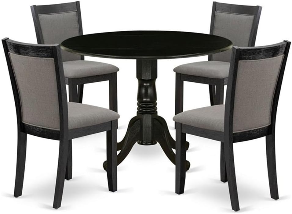 East West Furniture DLMZ5-AB6-50 5 Piece Dining Room Furniture Set Includes a Round Dining Table with Dropleaf and 4 Dark Gotham Grey Linen Fabric Parson Chairs, 42x42 Inch, Wirebrushed Black
