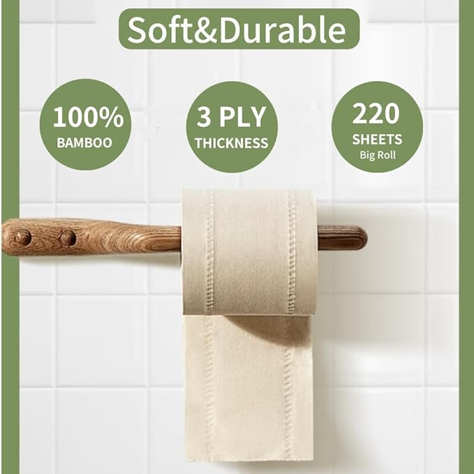 Bamboo Toilet Paper 12 Rolls, Resuable Packaging,New Plastic-Free,3 ply, Septic Safe,Unbleached Brown,Chemical Free,Tree-Free,Soft and Absorbent,Bathroom Tissue Rolls